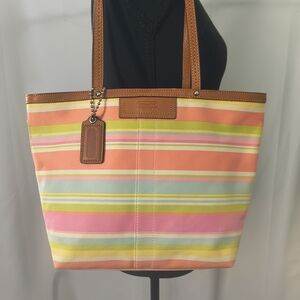 Coach Hampton Multicolor Stripe Canvas Tote with Leather Trim